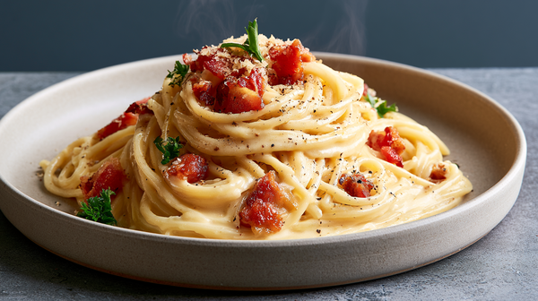 Koemelkvrije spaghetti carbonara met bacon en romige saus