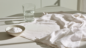 Melkvlek op kleding met baking soda en water om de vlek te verwijderen