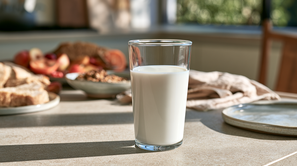 Glas lactosevrije karnemelk tijdens een ontbijt