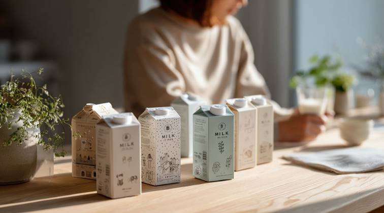 Zes kleurrijke melkpakken met illustraties op een houten tafel, met een vrouw op de achtergrond die melk drinkt.