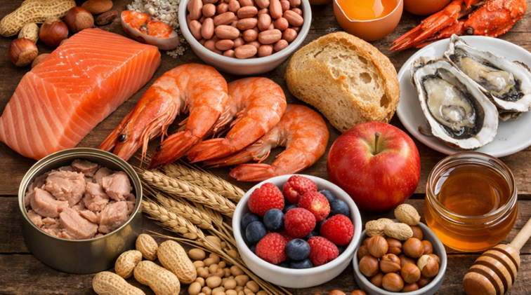 Assortiment van allergene voedingsmiddelen zoals schaaldieren, noten, vis, brood, fruit en honing op houten tafel