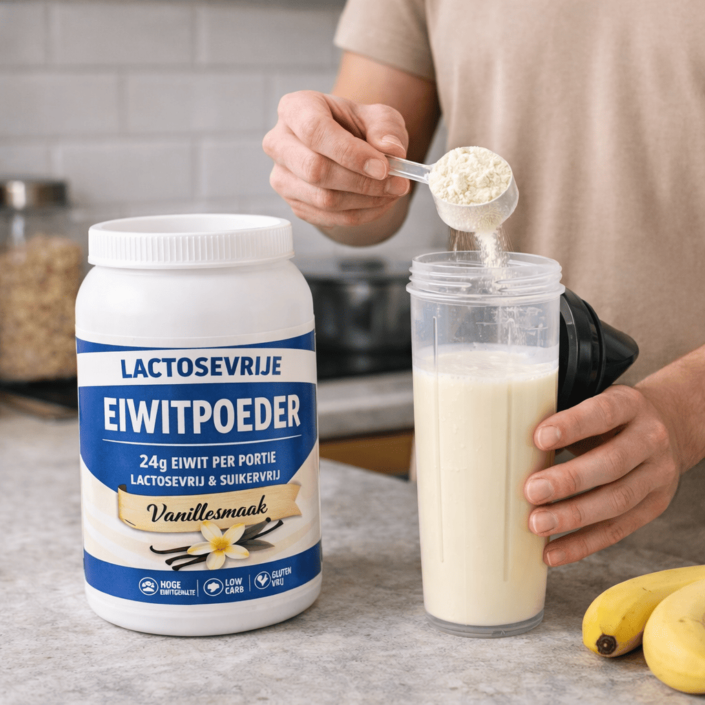 Man maakt shake van lactosevrije eiwitpoeder