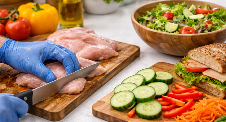 Kok met blauwe handschoenen snijdt rauwe kipfilet naast vers gesneden groenten en een gezonde sandwich