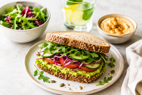 Lactosevrije sandwich met avocado, verse groenten en rucola geserveerd met salade, hummus en citroenwater