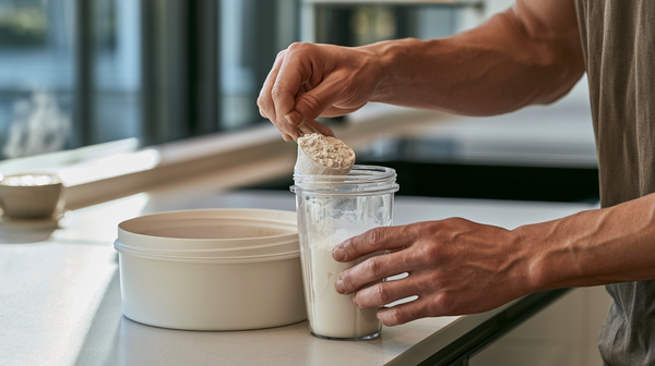 iemand bereidt een shake met plantaardig eiwitpoeder zonder koemelk